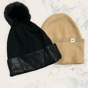 New Nordstrom BP. Bundle: Tan Knit Beanie, Black Metallic Knit Beanie - One Size
